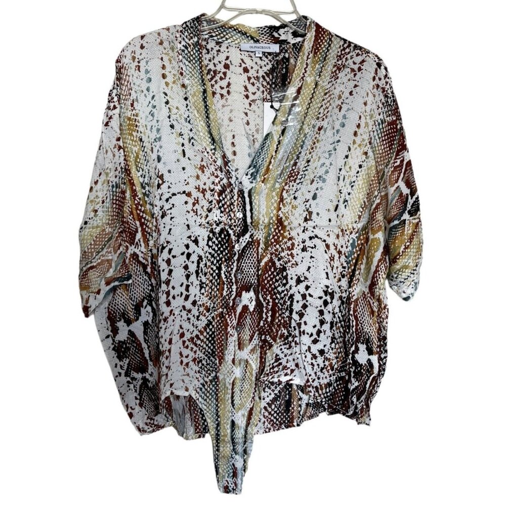Olivaceous Cropped Tie Button Top Lizard Snake Print Size Small S